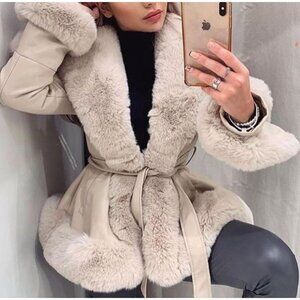 Apricot Off-White Faux Fur‎ Oversized Belted A-Line Parka Winter Coat Jacket